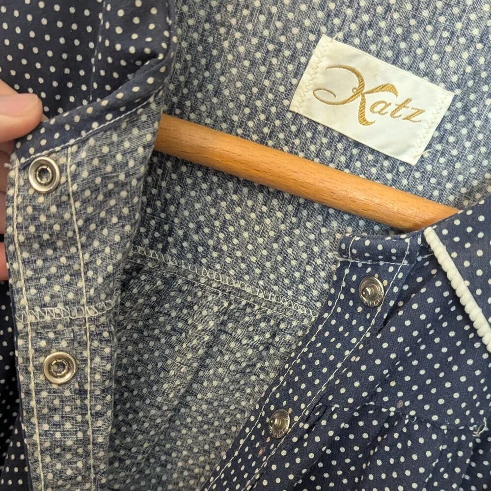 Vintage Polka Dot Embroidered‎ Dress Katz Floral House Smock Snap Button Collar